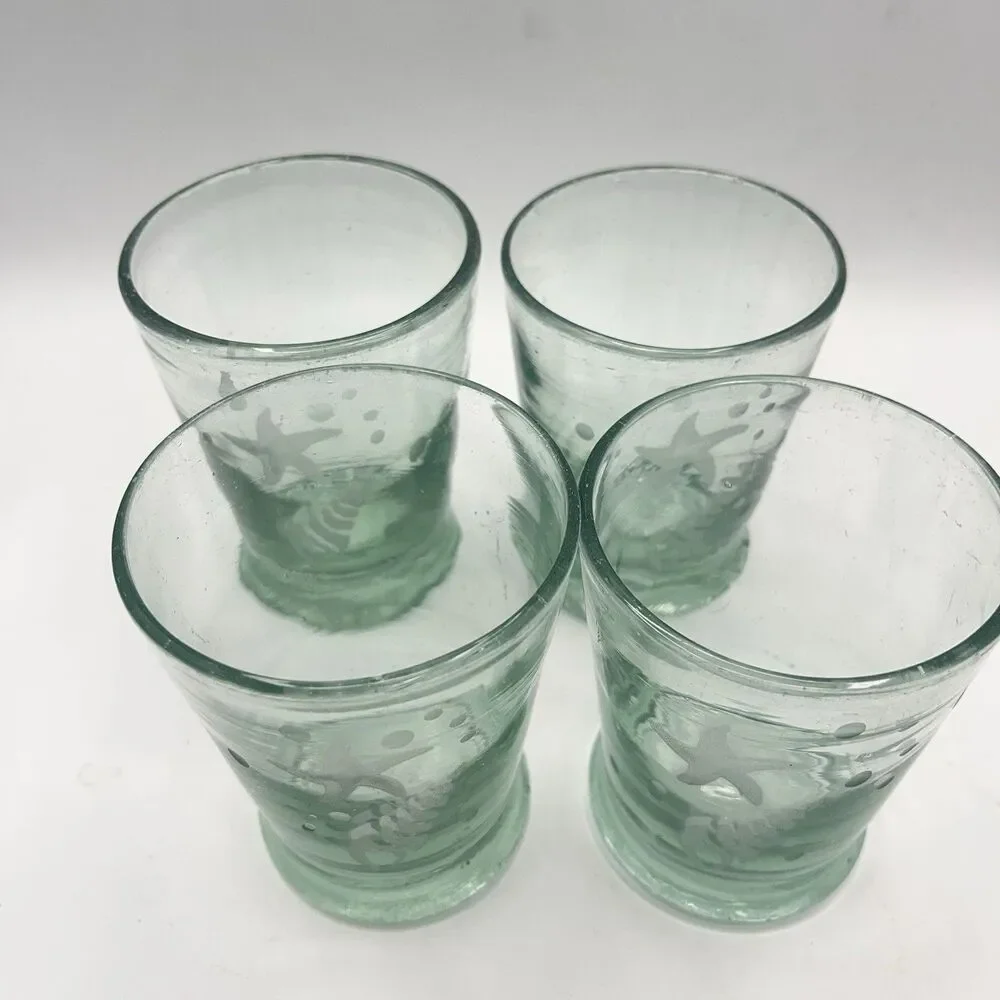 Set Of 4 Hand Blown Green Glass Etched Starfish Shell 8 oz 4” Heavyweight Bottom